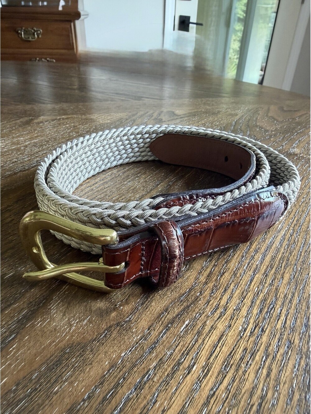 Brighton Belt Moc Croc Leather Woven Bass Men’s Sz 40, 33502, Nautical preppy